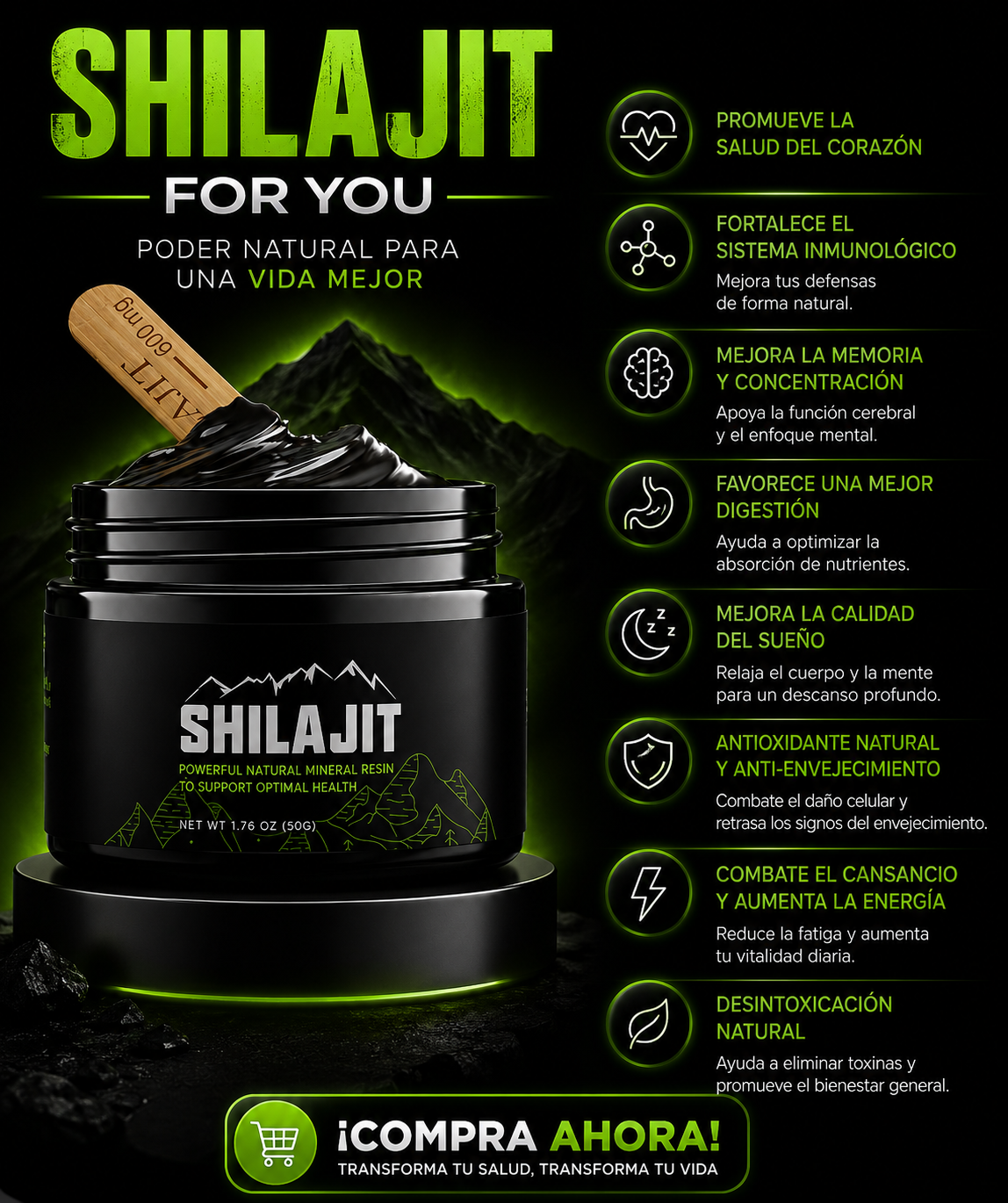 Adiós Cansancio con Shilajit Himalaya Premium 85 Minerales