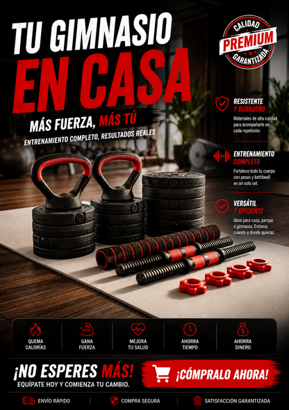 Kit Pesas Mancuerna 20kg Convertible, entrena con comodidad, potencia y resultados reales.