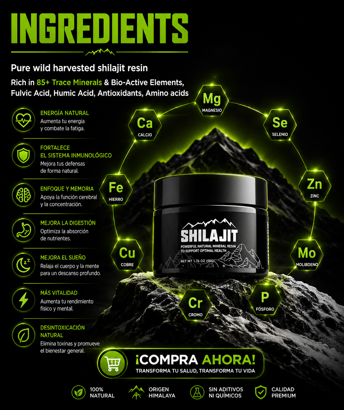 Adiós Cansancio con Shilajit Himalaya Premium 85 Minerales