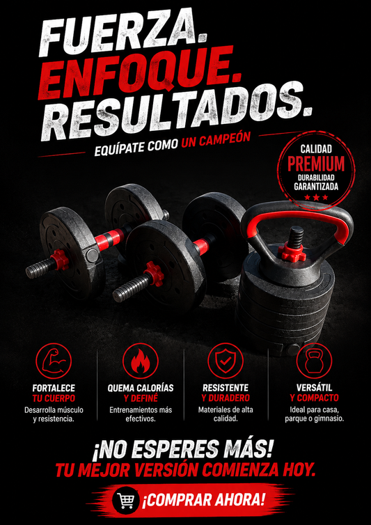 Kit Pesas Mancuerna 20kg Convertible, entrena con comodidad, potencia y resultados reales.
